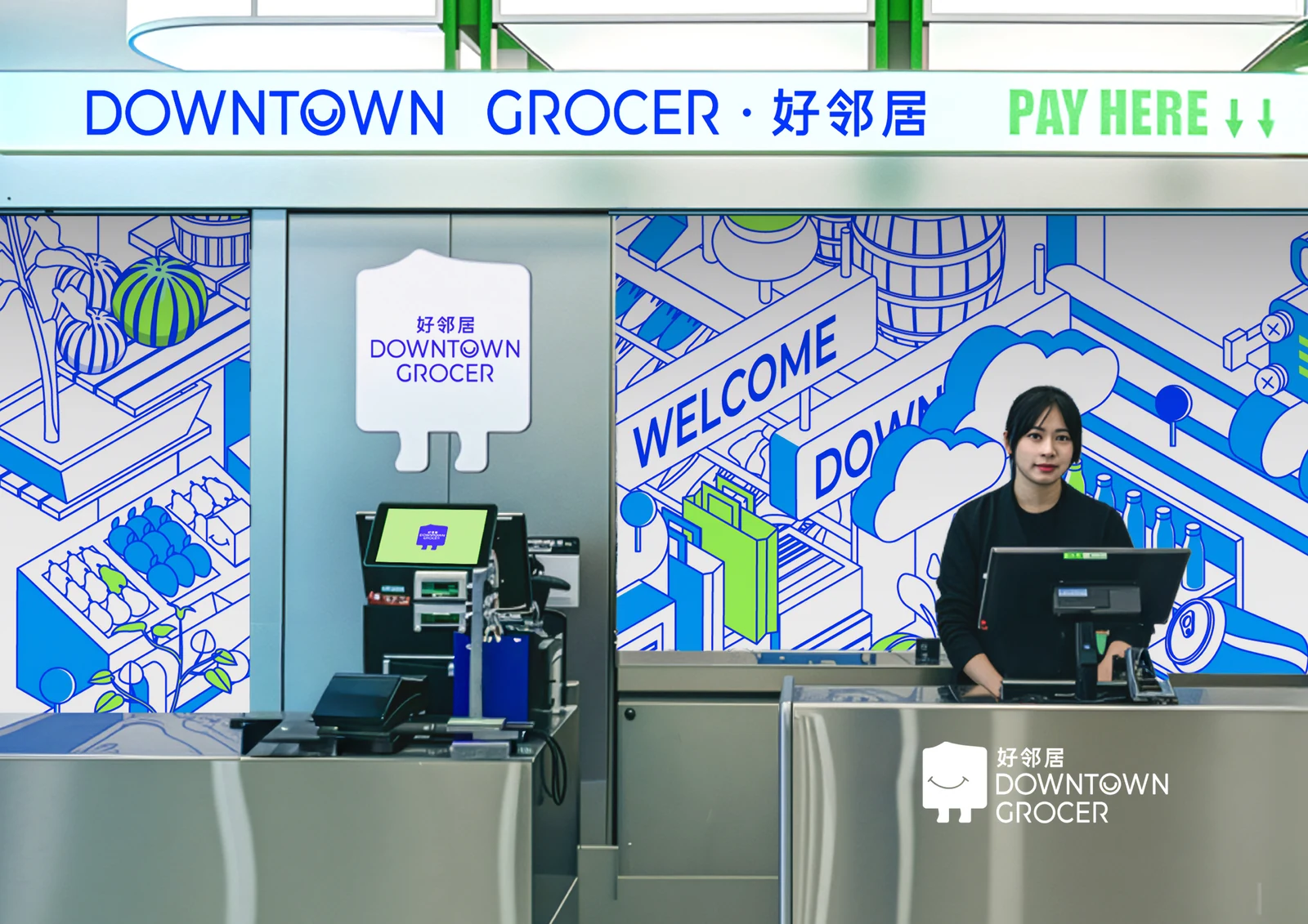 Checkout counter in front of a blue isometric mural of the store