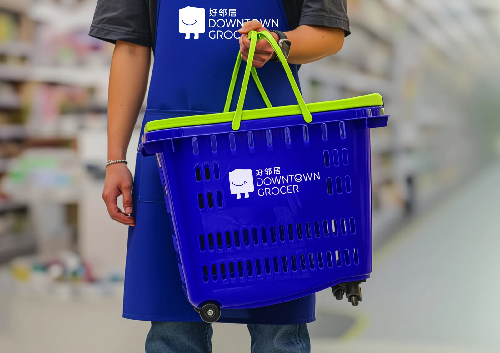 A staff member in a blue apron holding a branded shopping basket