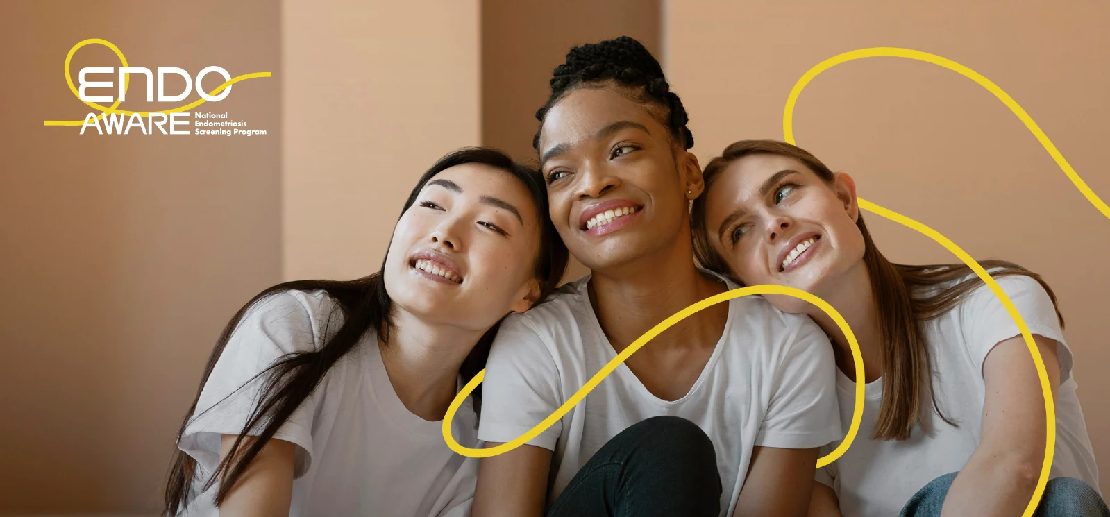 Three women framed by the EndoAware yellow ribbon identity