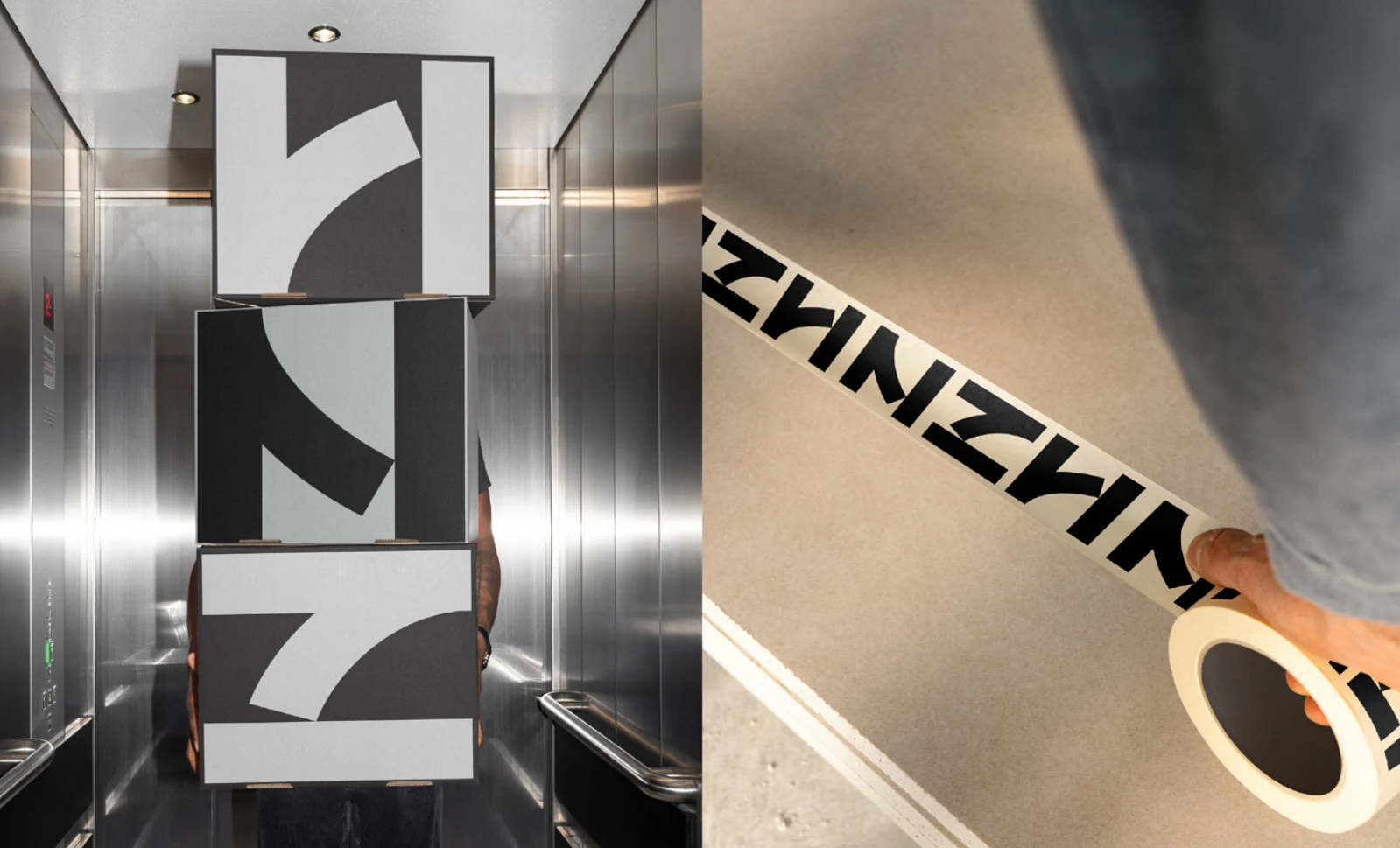 HNZ identity on elevator signage and branded tape