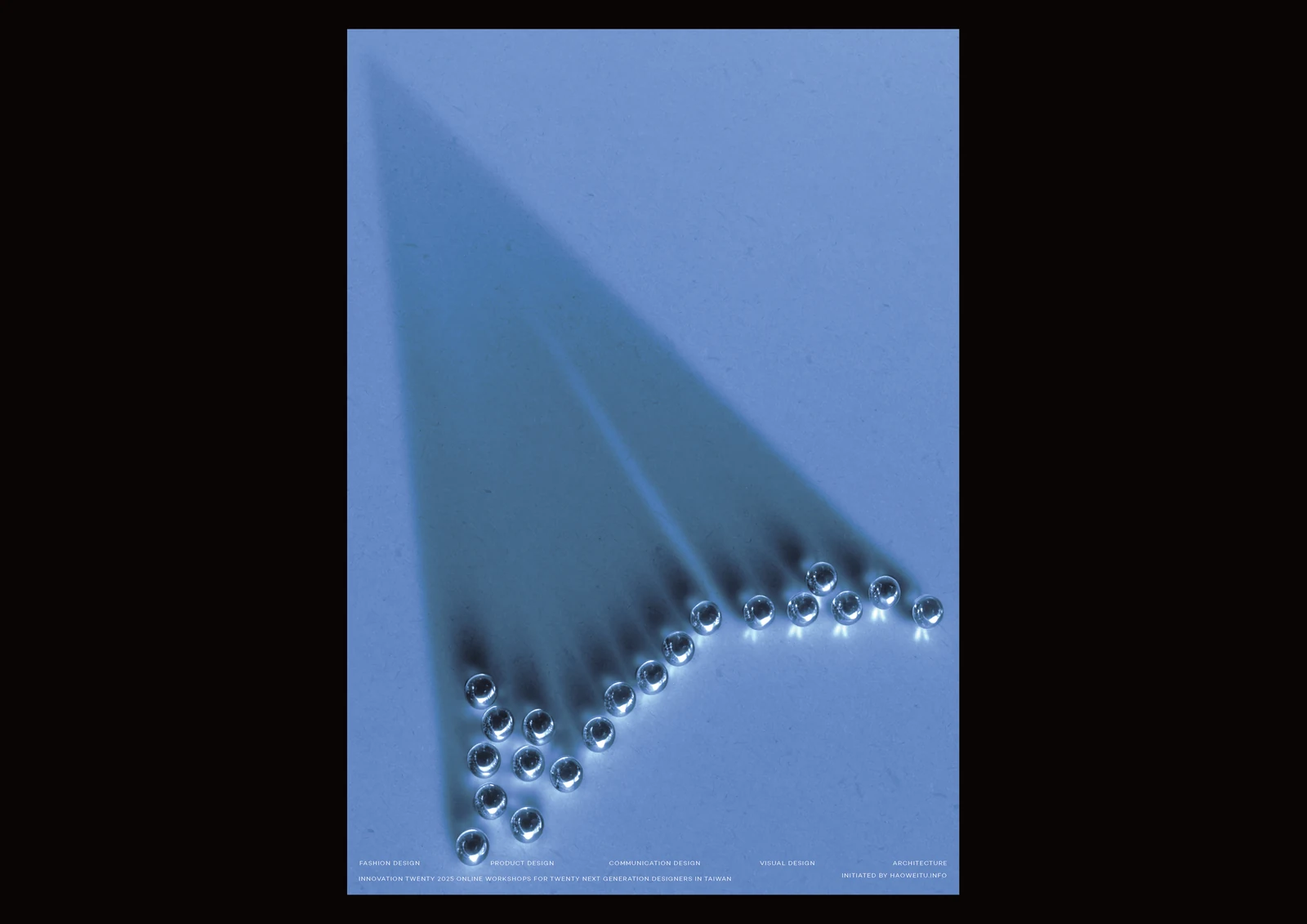 Blue Innovation Twenty poster: metallic spheres and their cast shadows form a paper plane