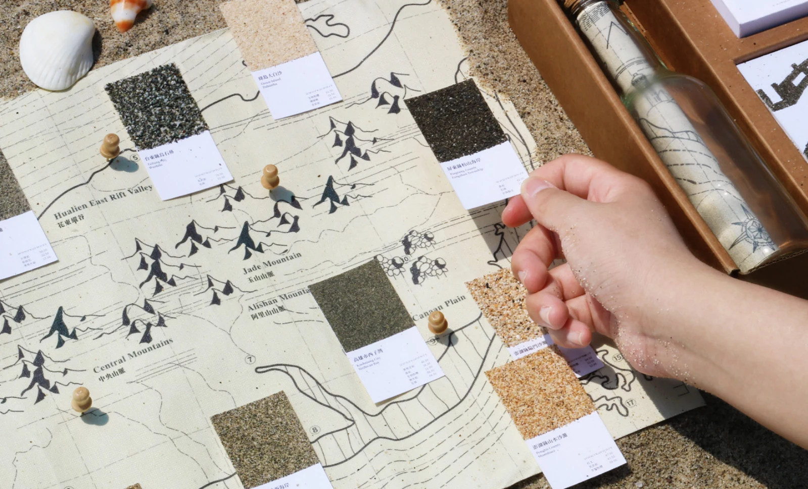 Coastline map with sand samples and paper landmarks