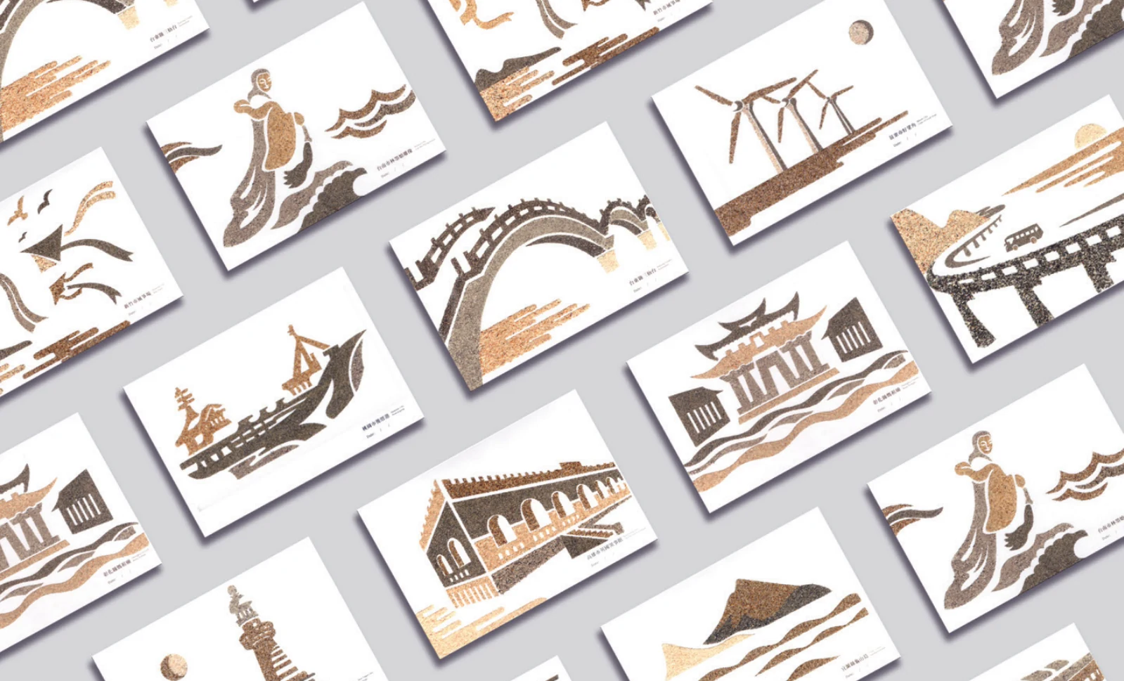 A grid of illustrated coastal postcards