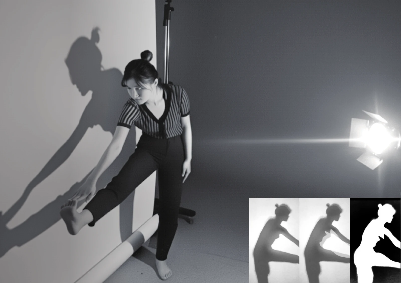 A participant experimenting with cast shadows, alongside the resulting figure–ground silhouettes
